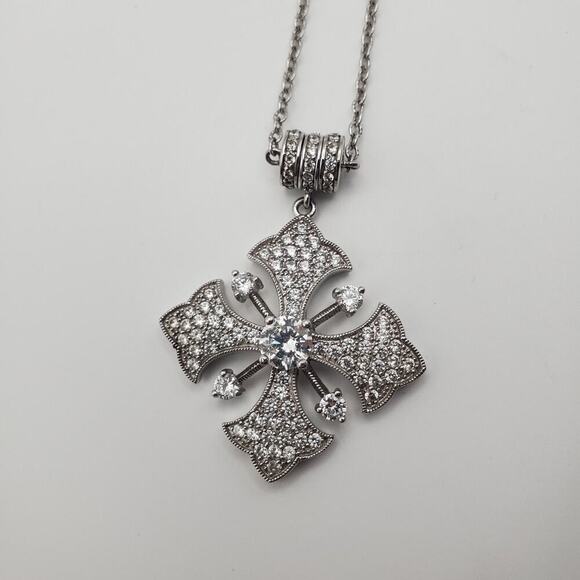 ESPO SIG SNAP Solid Sterling CZ Station Cable Chain 16" with CZ Snap Cross - Picture 3 of 9